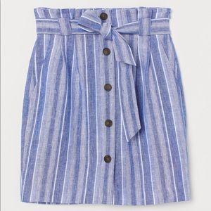 H&M Blue Striped Linen-blend Paper-bag Mid Skirt Size 14